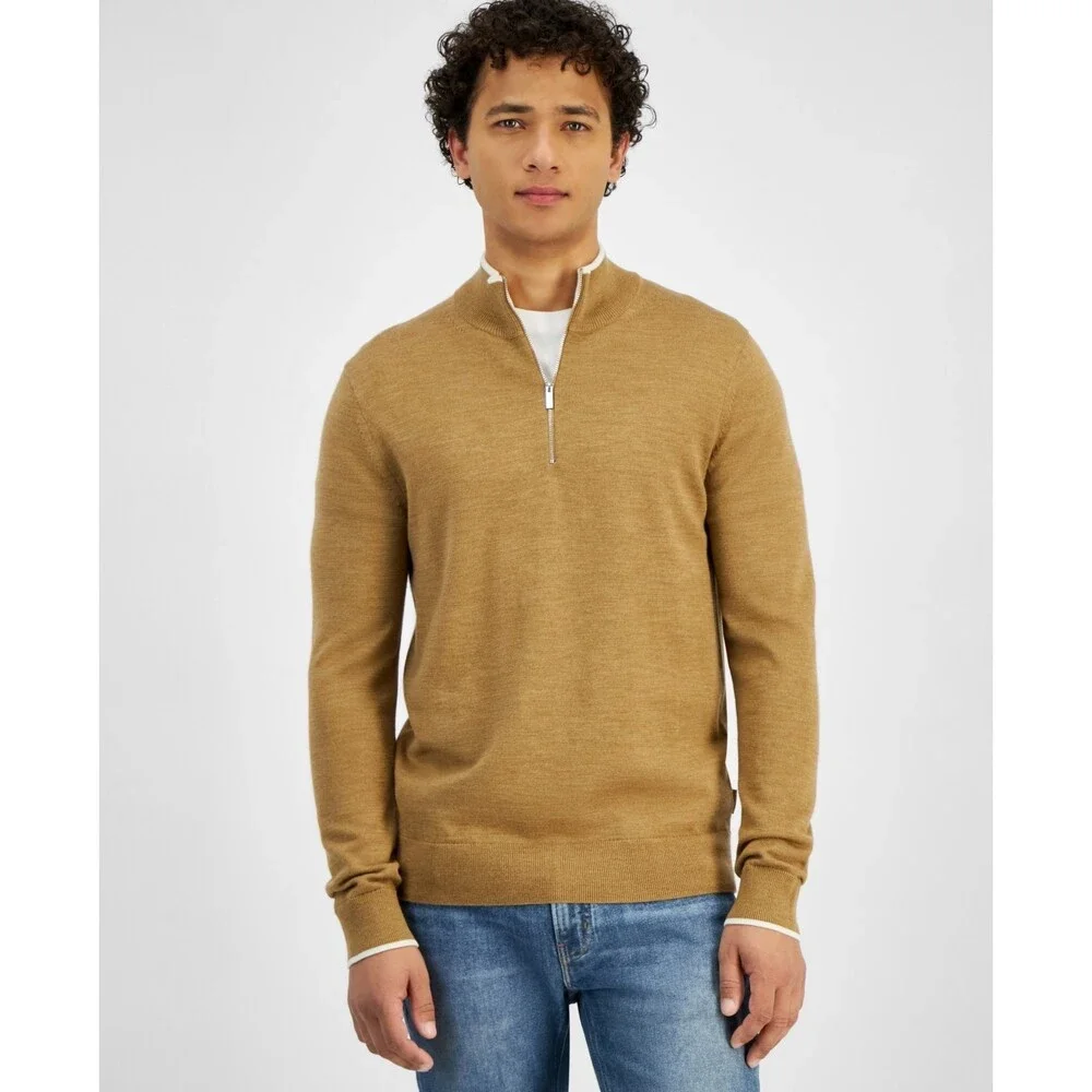Michael Kors Modern-Fit Tipped 1/4-Zip Merino Wool Sweater Men's XXL Dark Camel